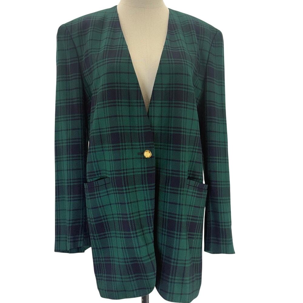 Jones New York Plaid Blazer Jacket Women's 8 Green Blue USA Single Button